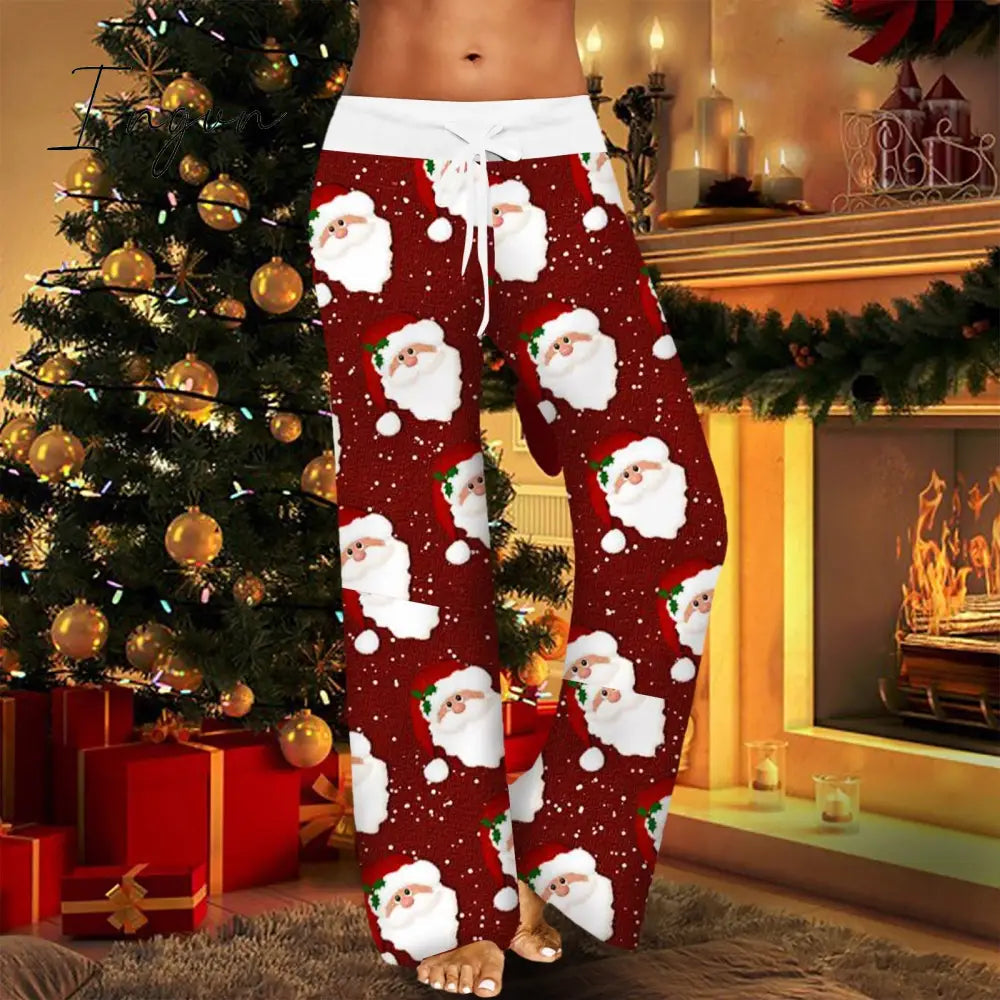 Ingvn - Womens Christmas Pants Cartoon Santa Claus Print Pants Wide Leg Pants Pull Rope Elastic Drawstrings Sweatpants Straight Trousers