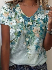 Chic Floral V-Neck Tee - Women's Breathable Short Sleeve Shirt for Spring/Summer Comfort