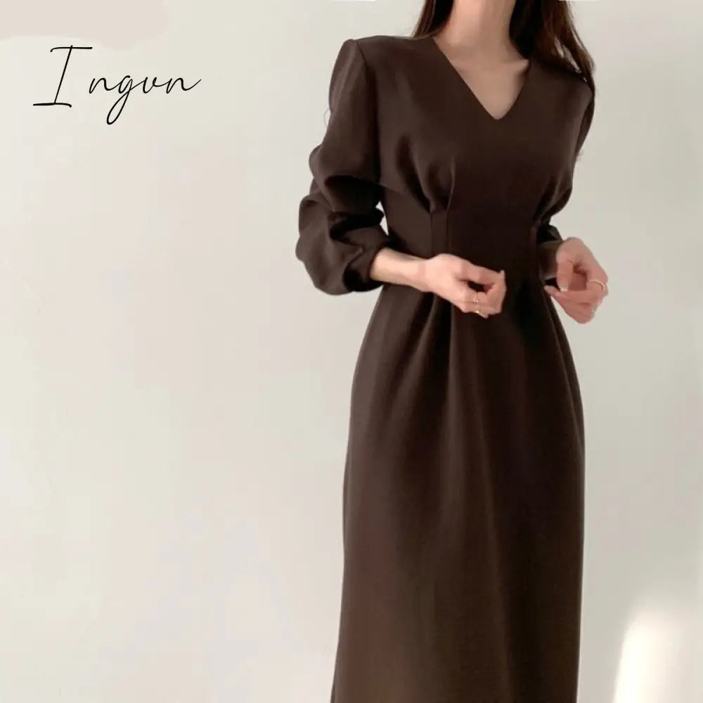 Ingvn - Spring Autumn Women Solid Black Elegant Office Lady V Neck Fashion Long Korea Chic Dress