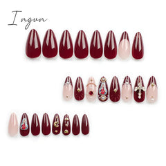 2024 New Ramadan Style False Nails with Gold Moon Star Design Almond Red French Fake Nail Patch Full Cover Detachable Manicure
