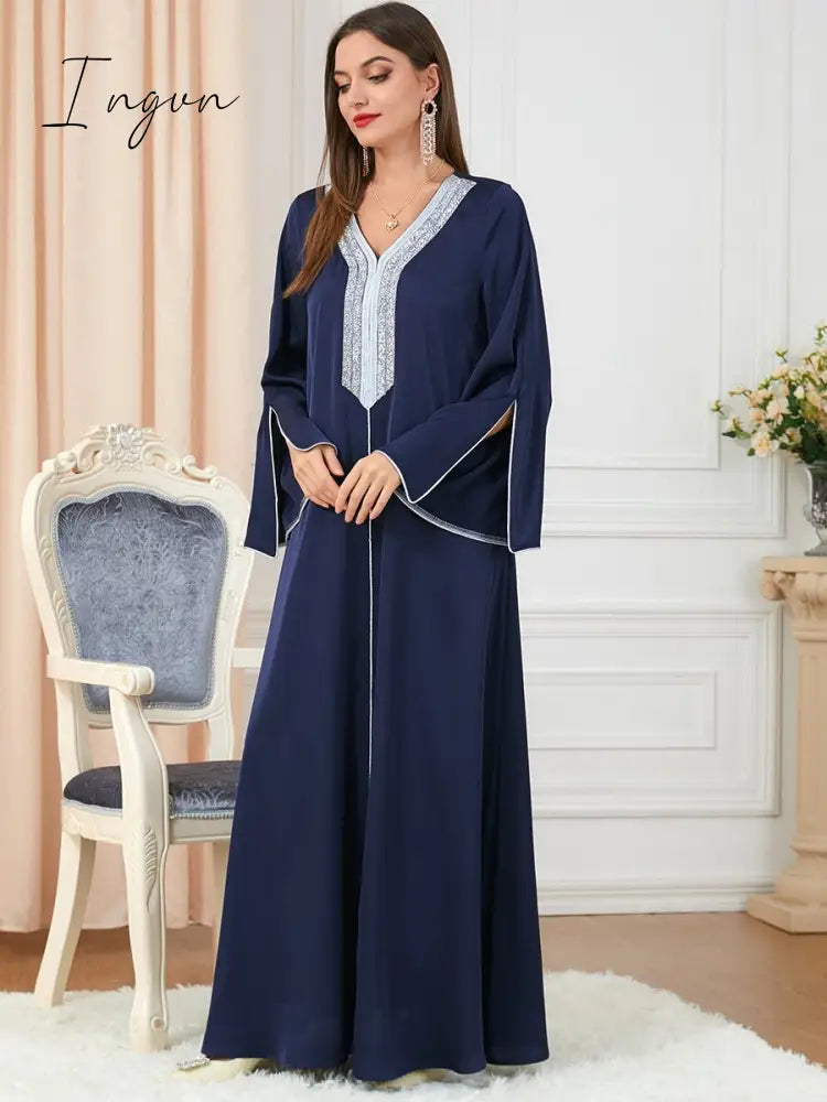Ingvn - Party Dress Muslim Women Abaya Prayer Caftan V Neck Diamond Maxi Dresses Robe India Abayas Dubai Longue Vestidos Largos