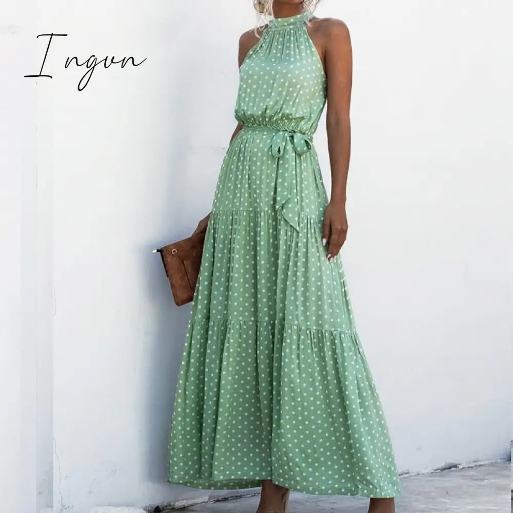Ingvn - Summer Elegant  beach Women Dress long Print Flowers Polka-dot strap Ladies Halter boho Dress Vintage party ladies Dress