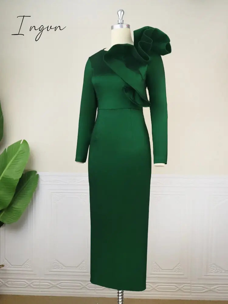 Ingvn - Dresses for Women Party Elegant Long Sleeve Asymmetric Ruffle Shimmer Midi Tight Dress Chic Evening Cocktail Birthday Night Gown