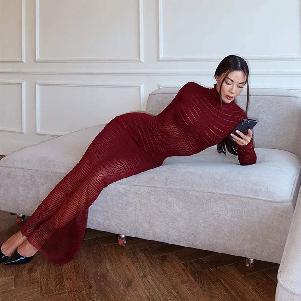 Ingvn  Autumn Winter Striped See-through Knitted Long Dress Streetwear Sexy Women's Half High Collar Bodycon Evening Party Dresses