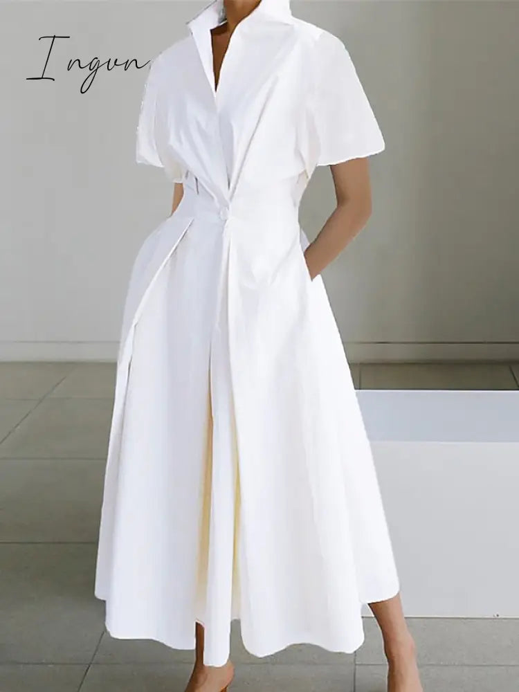 Ingvn - Women's Shirt Dress Casual Dress Swing Dress Midi Dress Outdoor Daily Vacation Polyester Fashion Modern Split Neck Button Pocket Short Sleeve Summer Spring 2023 Regular Fit White Green Plain S M L XL