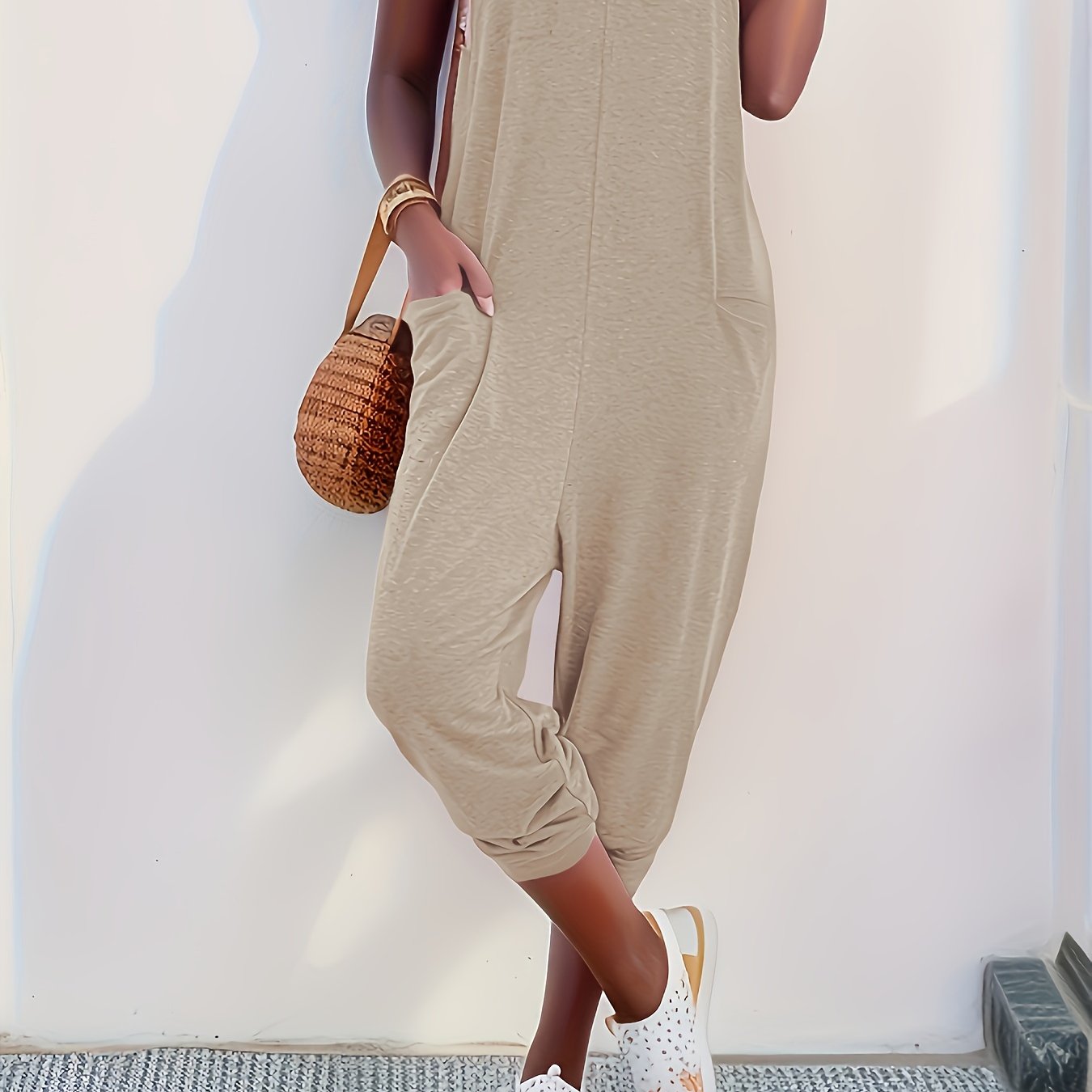 Solid Patched Pockets Overall Jumpsuit, Versatile V-neck Overall Jumpsuit For Spring & Summer, Women's Clothing