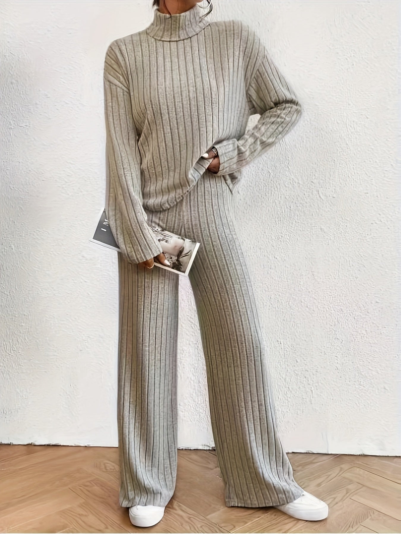 Ribbed Mock Neck Two-piece Set - Cozy Long Sleeve T-shirt with Ribbed Mock Neck Design, Flattering Wide Leg Pants for a Comfortable Fit, Effortless Casual Style - Perfect for Womens Everyday Wear, Ideal Outfits for Daily Life