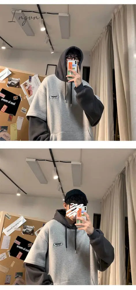 Ingvn - Spring Outfits 2023 Trends Hoodies Women Sweatshirt Couple Autumn/winter Fake Two-piece Hooded Pullover Student Korean Style Loose Top Velvet Thick Jacket