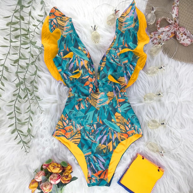 New Sexy Ruffle Print Floral One Piece Swimsuit Off The Shoulder Swimwear Women Solid Deep-V Beachwear Bathing Suit Monkini