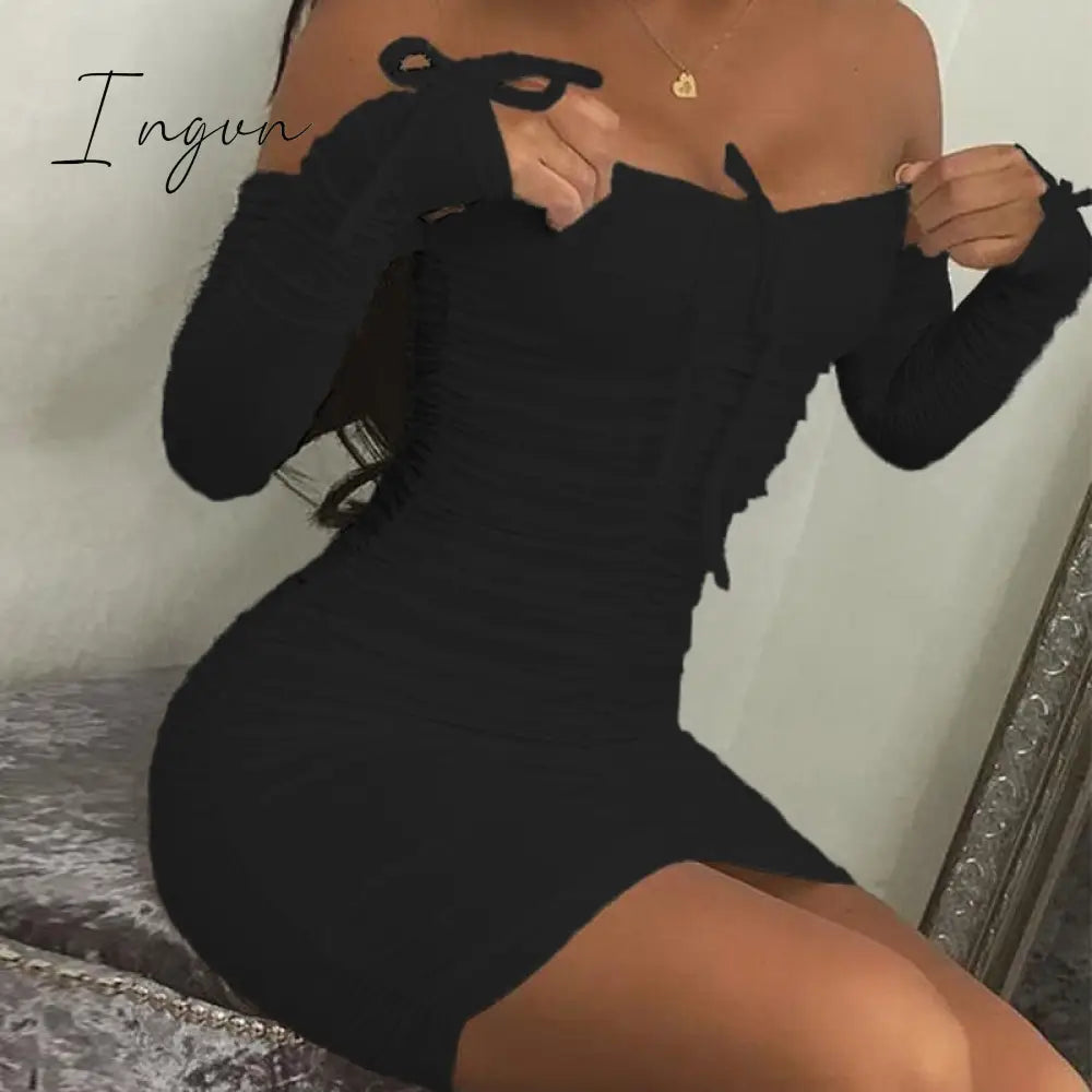 Ingvn - Summer New Sexy Off Shoulder Long Sleeve Pleated Lace Up Tight Mini Short Women's Dress
