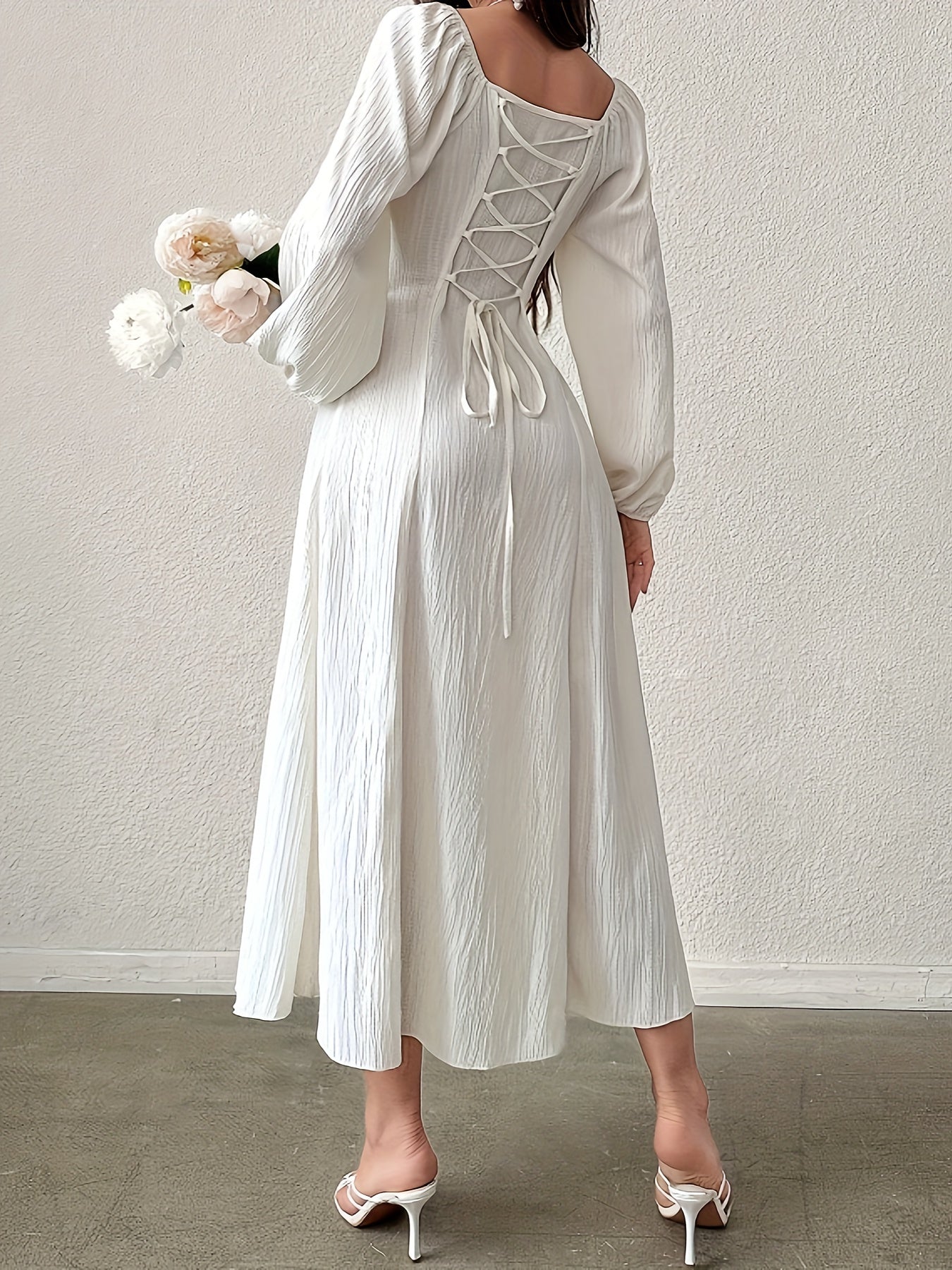 Stunning Textured Cross Tie Lantern Sleeve Midi Dress - Elegant Square Neck, Drawstring Waist, Semi-Sheer, Solid Color, Polyester, Machine Washable, Customized Fitted Design for Women - Perfect for Spring and Fall Seasons