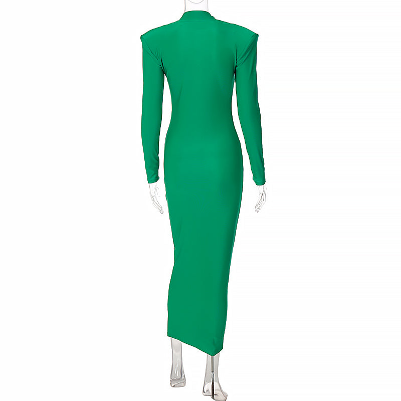Solid Long Sleeve With Shoulder Pads Turtleneck Maxi Dress New Year Women Fashion Streetwear Elegant Skinny