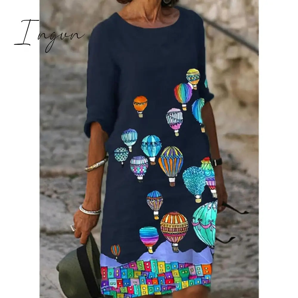 Ingvn - Half Sleeved V Neck Printed Loose Dress Women's Fashion Casual Vintage Spring Autumn All-match Plus Size Beach Dresses Vestidos
