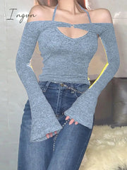 Ingvn - Y2K Top Women Long Sleeve T-Shirts 2 Piece Tops Halter Tanks Backless Crop Top Off Shoulder Tees Sexy Christmas Clothes