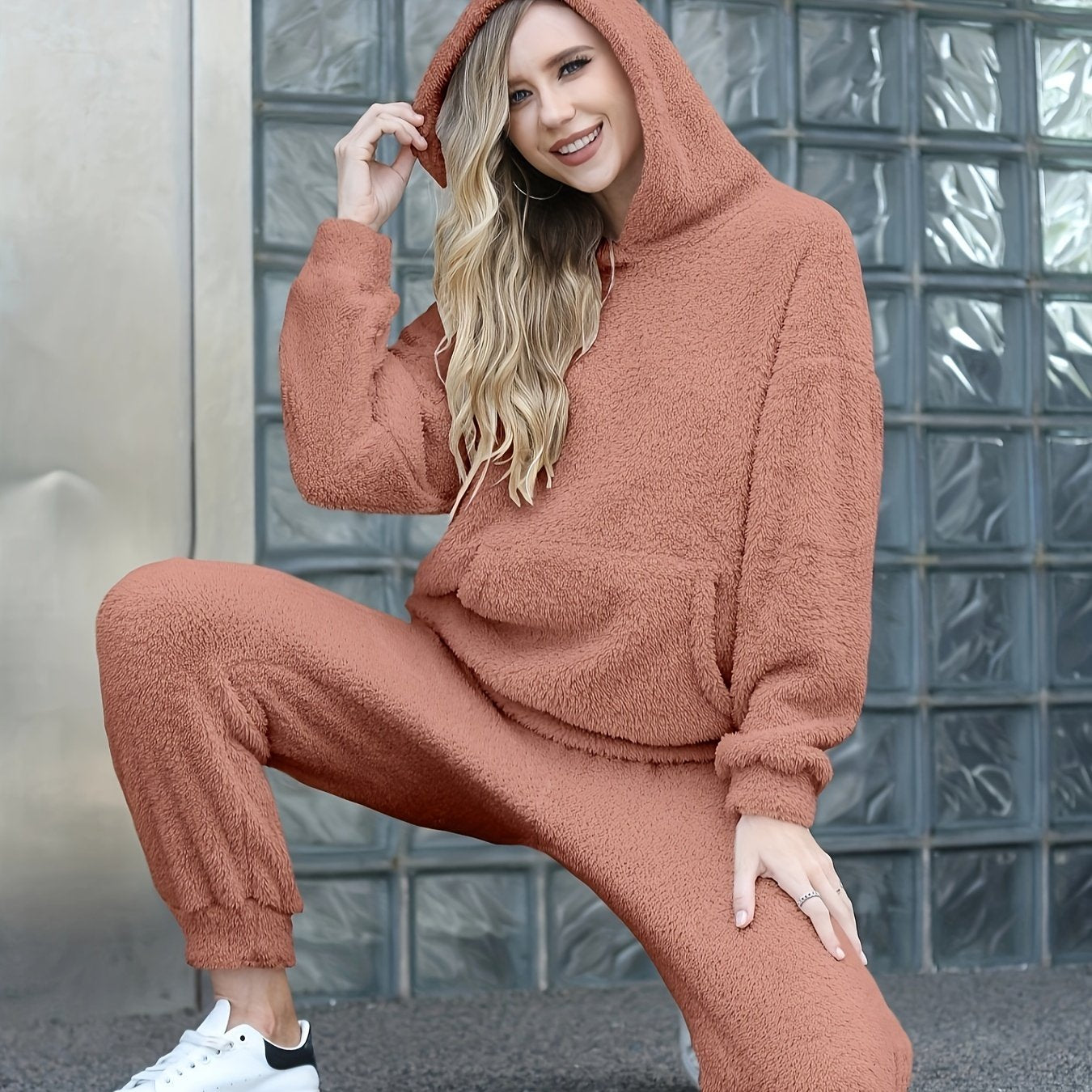 Solid Teddy Two-piece Set, Long Sleeve Kangaroo Pocket Hooded Tops & Long Length Warm Pants Outfits, Women's Clothing