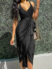 Ingvn - Office Elegant V Neck Strap Long Dress Women Sexy Sleeveless Irregular Party Dress Fashion Tie-up Wrap Solid Satin Maxi Dresses