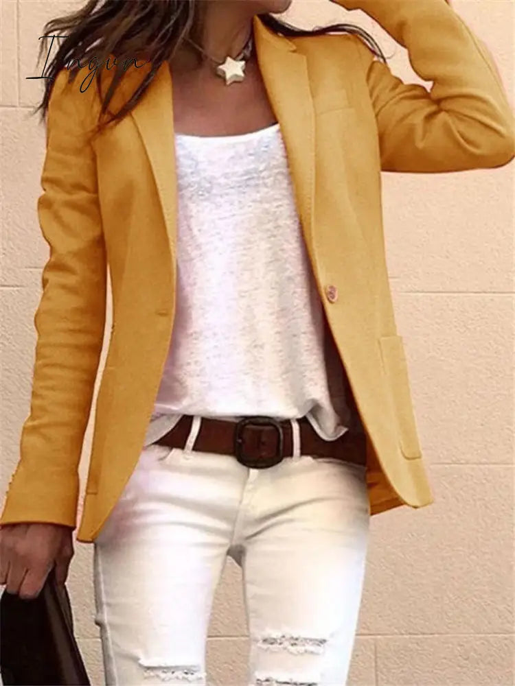 Ingvn - Women Solid Color Notched Collar Long Sleeves Blazer Coat