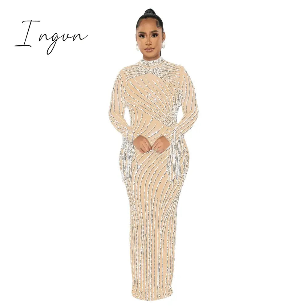 Ingvn - Women's Sexy See Through Rhinestone Bead Mesh Dress Luxury High Neck Long Sleeve Tassels Maxi Party Night Dresses 2 Piece Set