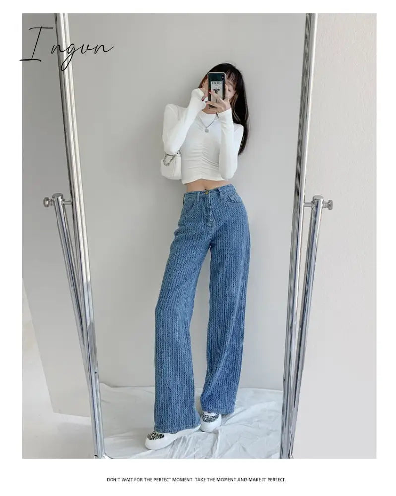 Ingvn - Women Jeans High Waist Casual Streetwear y2k Baggy Office Lady New Fashion Korean Denim Trousers Female Straight Wide Leg Pants