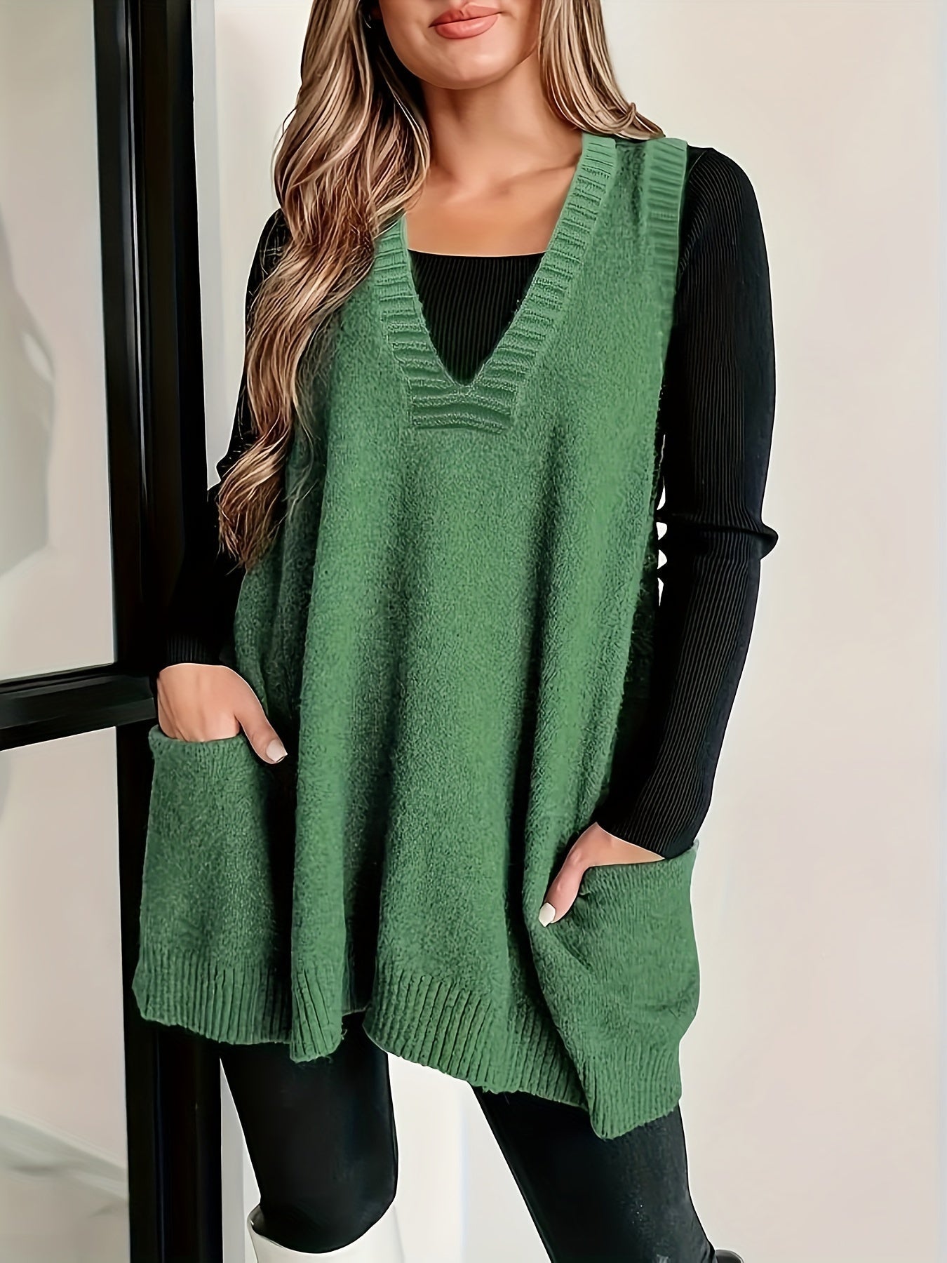 2024 Spring/Fall New Arrival V-Neck Knitted Vest with Pockets, Casual Large Size Pullover Cardigan, Solid Color, Polyester, No Bra Pad, for Casual Outings