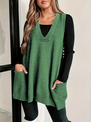2024 Spring/Fall New Arrival V-Neck Knitted Vest with Pockets, Casual Large Size Pullover Cardigan, Solid Color, Polyester, No Bra Pad, for Casual Outings