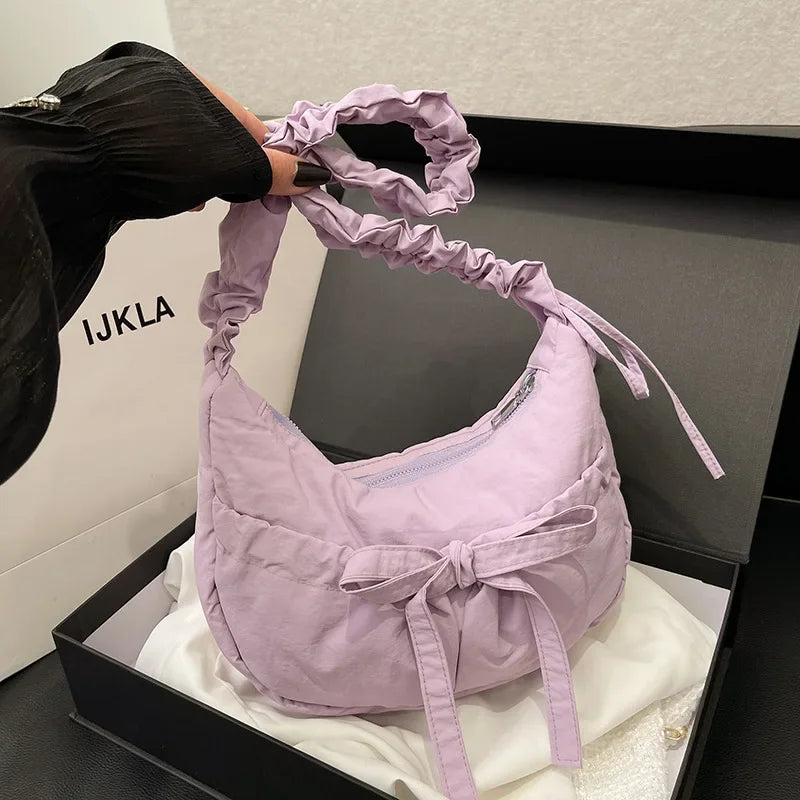 Ingvn  Popular Preppy Style Nylon Bow Hobo Bag Women Cute Pretty Pleated Shoulder Crossbody Bag Drawstring Exquisite Shoulder Bag