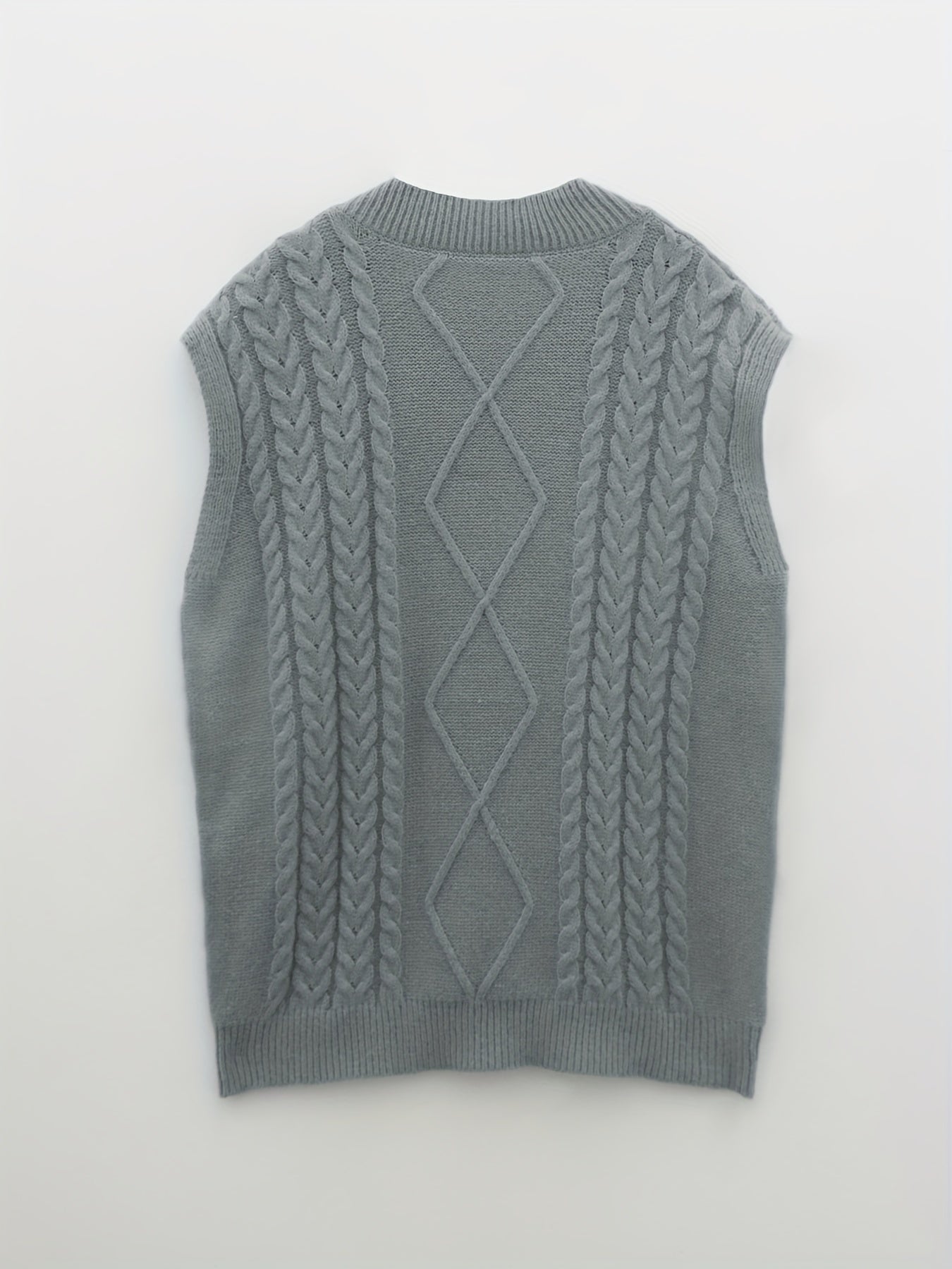 Cozy Plus Size Cable Knit Vest - Women's Solid V Neck Medium Stretch Sweater - Soft, Casual, and Comfortable for Daily Wear