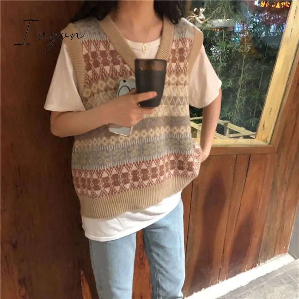 Ingvn - New Vintage V-neck Knitted Vest Sweater Women Sleeveless Pullover Elasticity Sweater Loose Female Casual Oversized Knitted Vest