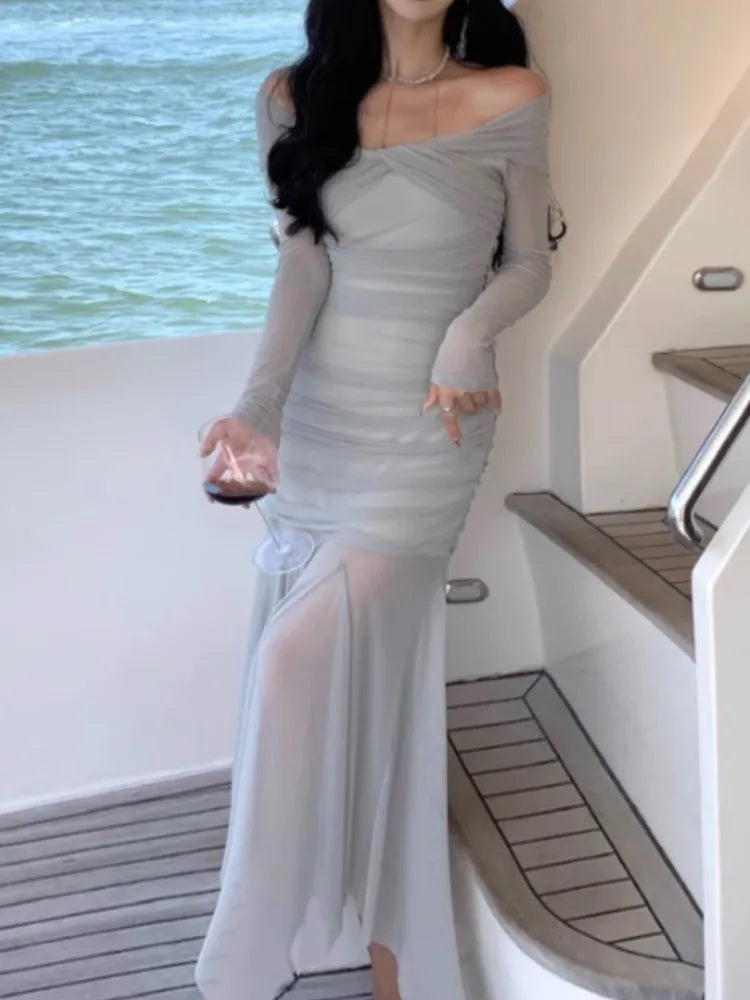 Elegant Mesh Long Sleeve Midi Dresses for Women Autumn Fashion Vintage Slim Party Sexy Evening Vestidos Female Clothes Robe