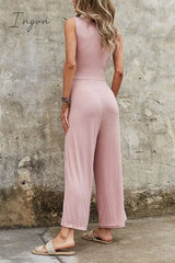 Ingvn - Ribbed Scoop Neck Tie Waist Sleeveless Jumpsuit
