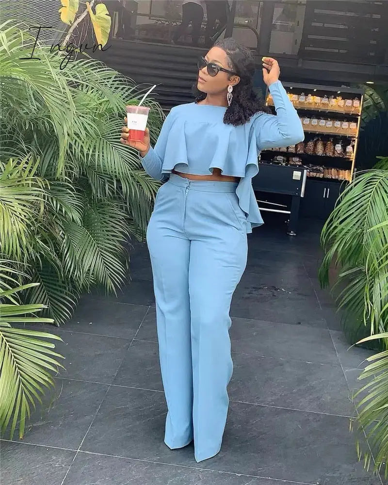 Ingvn - 2023 Elegant Work Wear Two Piece Set Fall Clothes for Women Ruffles Crop Top and Wide Leg Pants Suits Matching Sets Sexy Club Outfits