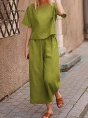 Ingvn - Plus Size 5XL Cotton Women's Pantsuit Suit Loose O-neck Top Wide-leg Trouser Suits Female Spring Fashion Casual Set Ladies