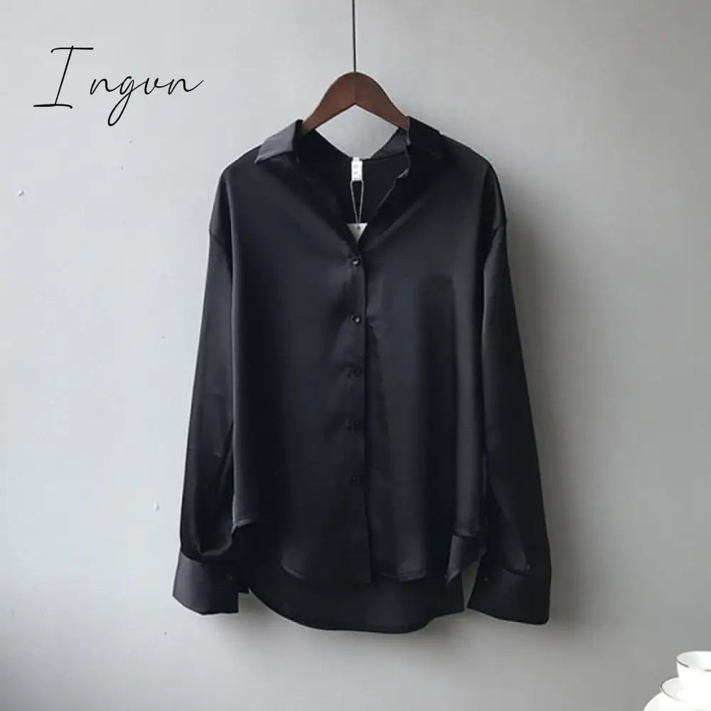 Ingvn - Silk Korean Office Ladies Elegant Shirt Blouse Women Fashion Button Up Satin Shirt Vintage White Long Sleeve Shirts Tops 11355