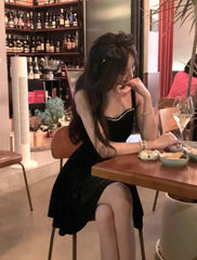 Ingvn - Summer New Elegant Spaghetti Strap Velvet Vintage Black Dress Women Sexy Prom Evening Party Fashion Clothing