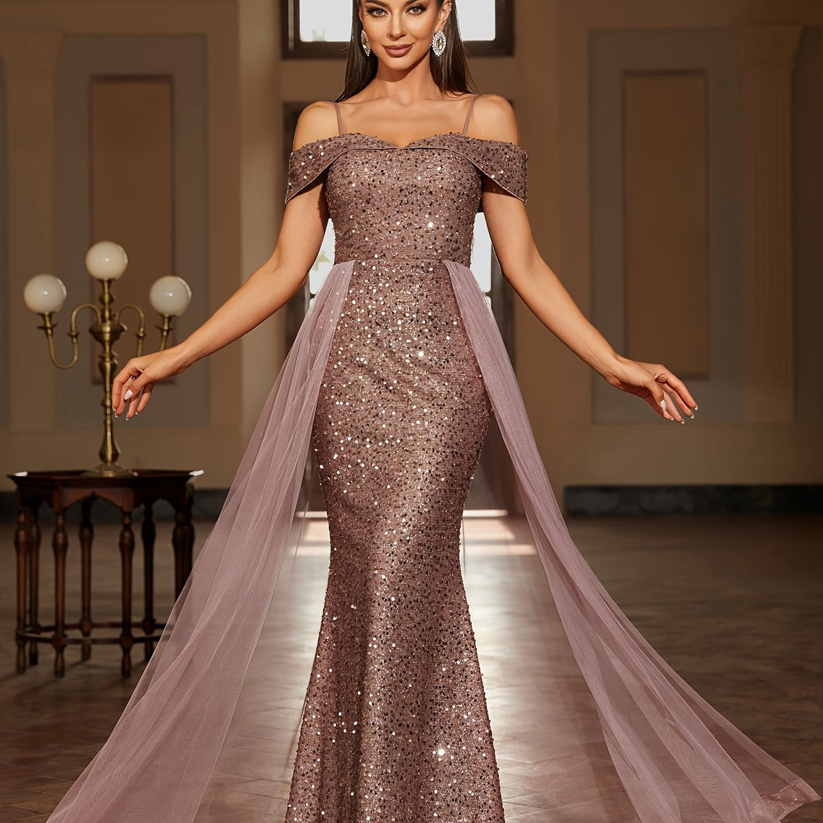 Sequined Contrast Mesh Cold Shoulder Asymmetrical Dress, Elegant Bodycon Dress For Party & Banquet, Women's Clothing