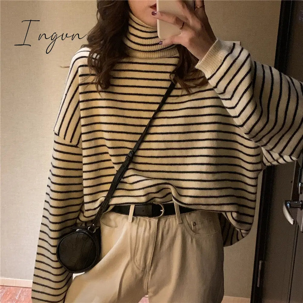 Ingvn - Vintage Striped Loose Turtleneck Knitted Sweater