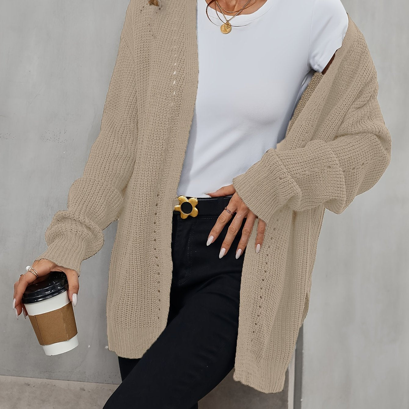 Solid Color Open Front Cardigan, Casual Long Sleeve Cardigan For Fall & Winter, Women's Clothing