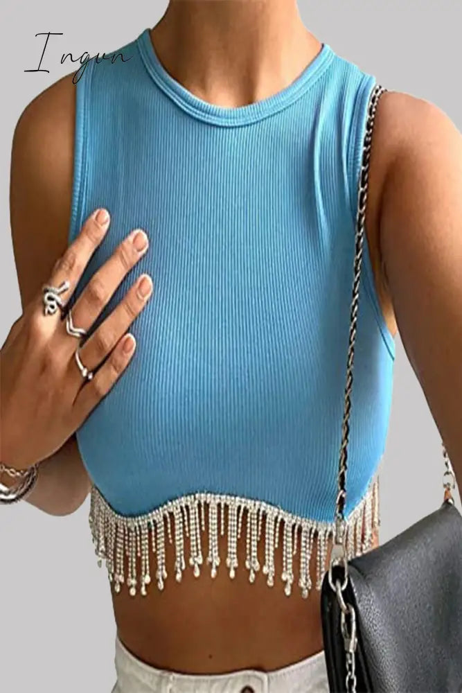 Ingvn - Sexy Solid Tassel Beaded O Neck Tops