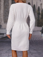 Cozy Cable Knit Dress - Figuring-Flattering Cinched Waist & Long Sleeves - Stylish V Neck Casual Style - Perfect for Fall & Winter Wardrobe - Womens Fashion Essential