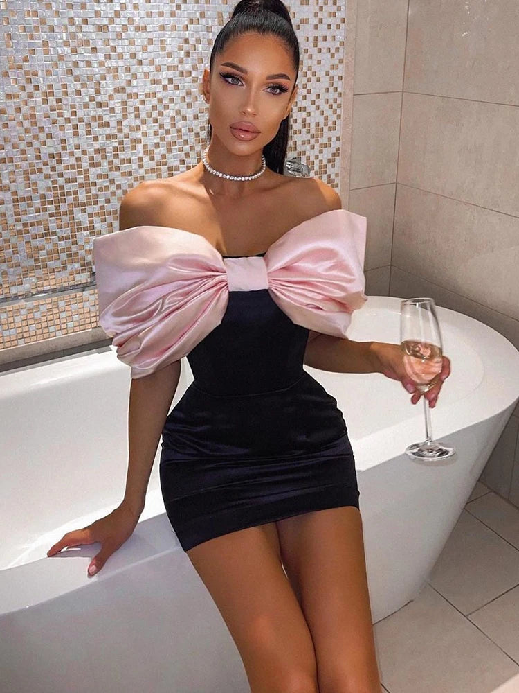 Fashion Off Shoulder Satin Bow Dress For Women Y2K Sexy Backless Mini Dress Female Holiday Evening Party Looks Chic Lady Dress