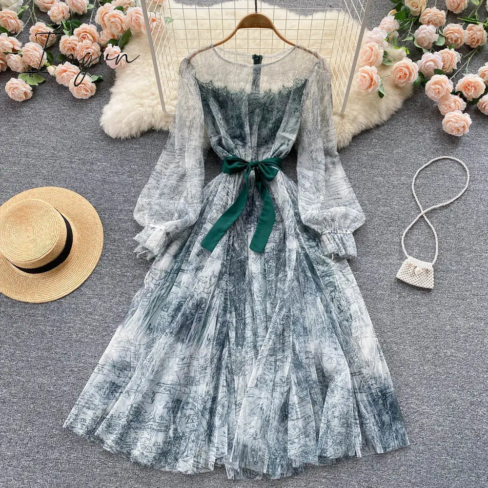 Ingvn - Elegant Women Mesh Dress Vintage Lantern Sleeves Printed Party Dresses Spring Summer Patchwork A Line Bandage Beach Dress
