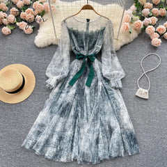 Ingvn - Elegant Women Mesh Dress Vintage Lantern Sleeves Printed Party Dresses Spring Summer Patchwork A Line Bandage Beach Dress