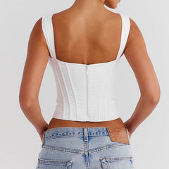 Women White Camisole Corset Tops Fitted Slim Cotton Summer Top Sexy Going Out Bodyshaper Bustier Tank Top