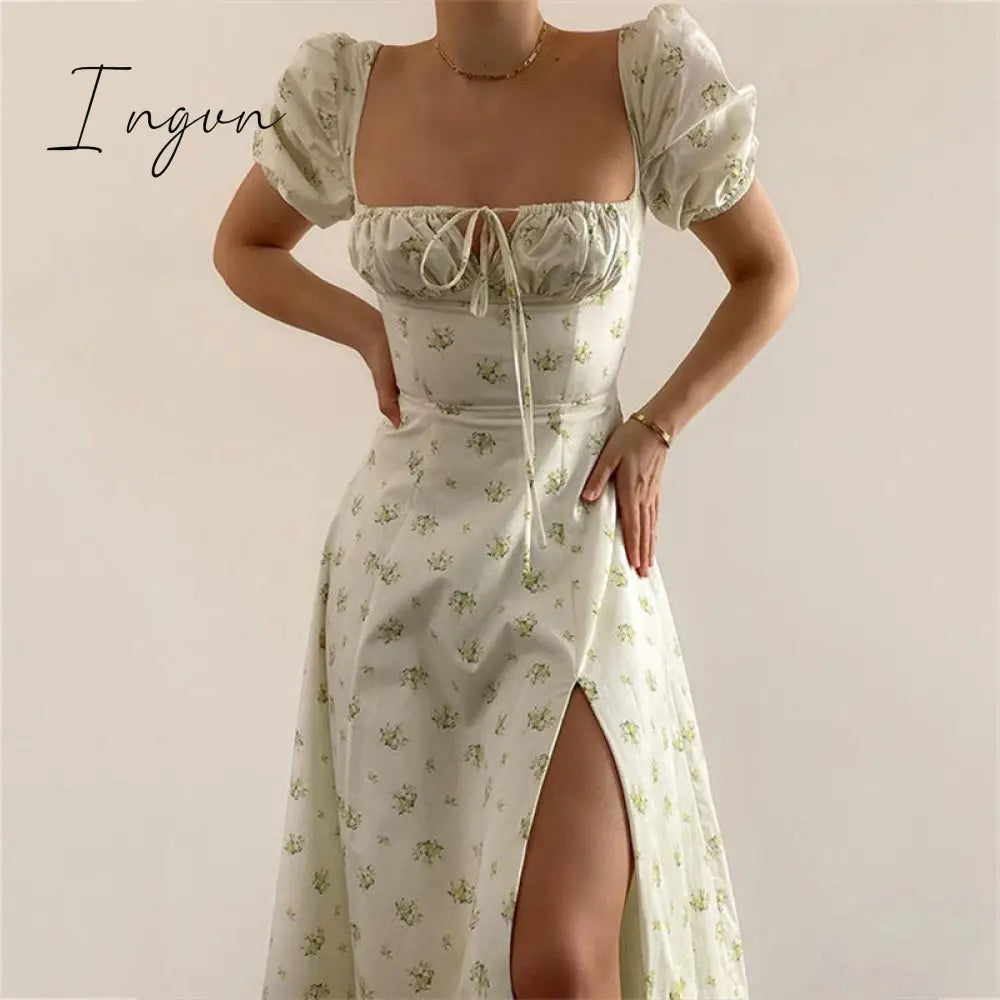Ingvn - womens fashion Vintage Square Collar Printed Dress Women Sweet Puff Sleeve Slim Long Casual Split Spring Summer Floral Dress Ladies New