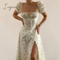 Ingvn - womens fashion Vintage Square Collar Printed Dress Women Sweet Puff Sleeve Slim Long Casual Split Spring Summer Floral Dress Ladies New