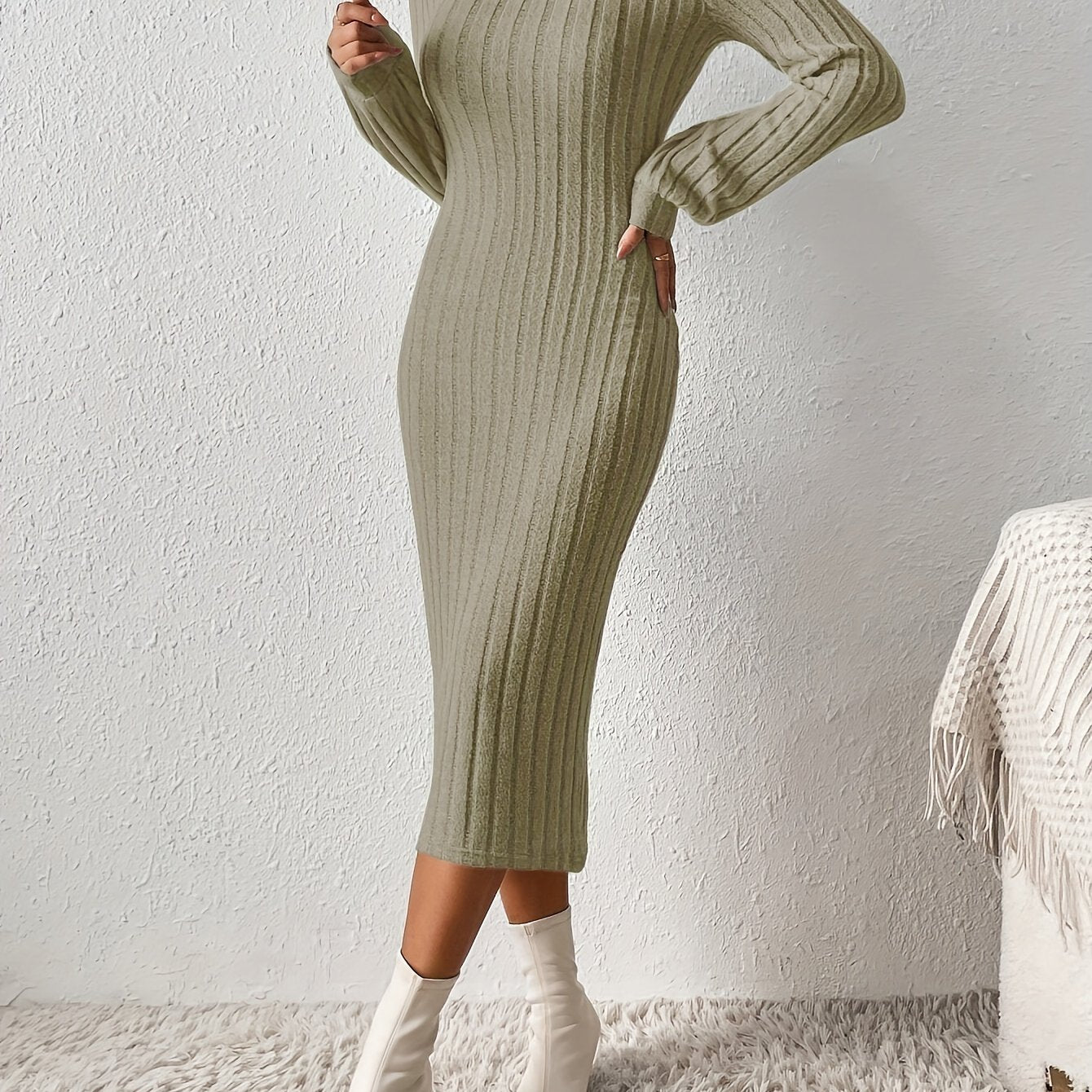 Elegant Long-Sleeve Turtleneck Bodycon Dress - Comfortable, Durable Knit for Chic Winter Style, Easy Maintenance