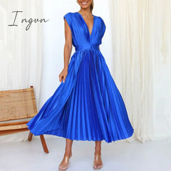 Ingvn - Spring Summer Sexy Women Dress Elegant Fashion Sleeveless V Neck Hollow Out Back Big Hem Pleated Dress