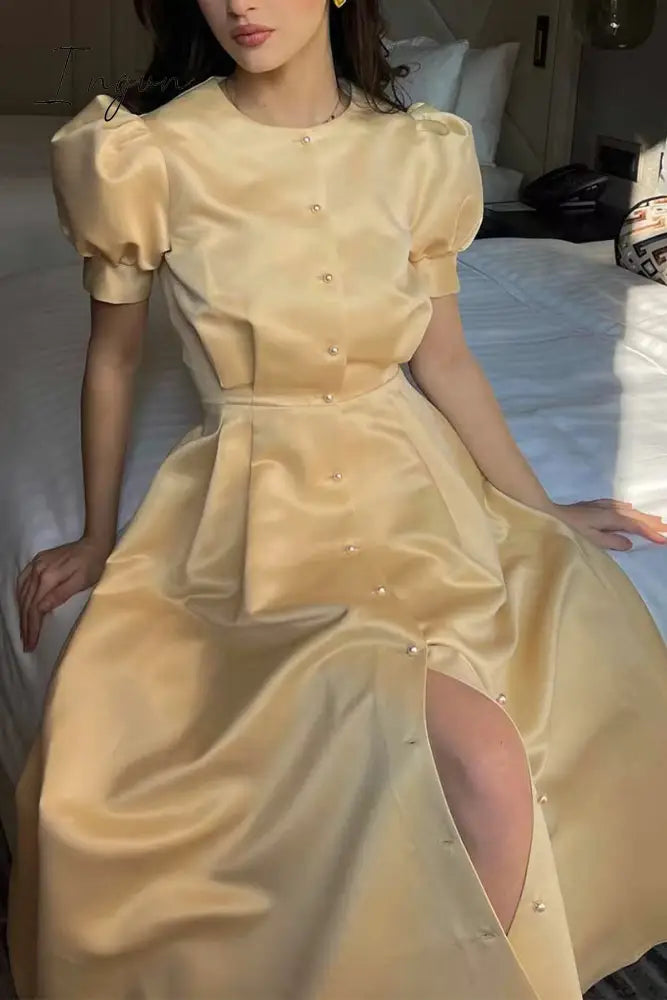 Ingvn - Elegant Solid Buckle O Neck A Line Short Sleeve Dress(5 Colors)