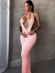 Ingvn - Elegant Deep V Neck Sexy Maxi Dress Women Pink Halter Sleeveless Backless Bodycon Split Party Club Long Dress Vestidos