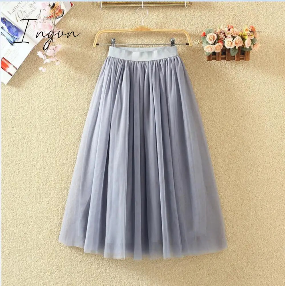 Ingvn - Autumn Winter Vintage Tulle Skirt Women Elastic High Waist Mesh Skirts Long Pleated Tutu Skirt Female Jupe Longue